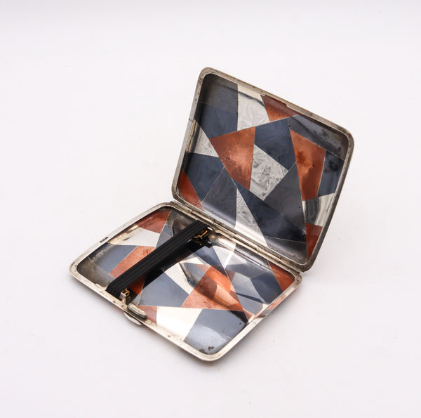 Germany 1925 Art Deco Geometric Cigarette Case In 925 Sterling Silver And Copper