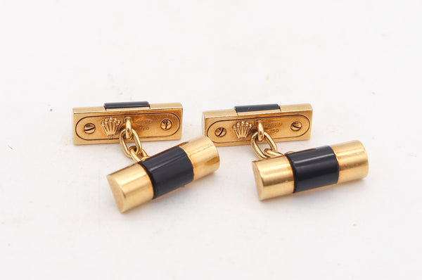 -Rolex Swiss President Curved Links Cufflinks In 18Kt Yellow Gold With 4 Black Onyxes