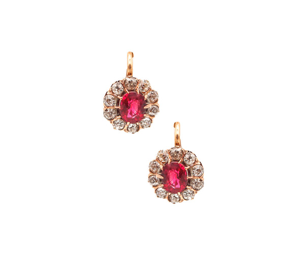 -Edwardian 1905 Antique French Earrings In 18Kt Gold With 3.54 Ctw Diamonds & Rubies