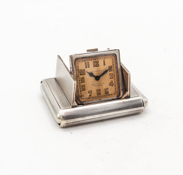 Alfred Dunhill 1928 Art Deco La Captive Squeeze Travel Clock In .925 Sterling Silver