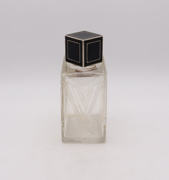 Victor Leneuf 1925 French Art Deco Geometric Cut Glass Perfume Bottle In 950 Silver And Enamel
