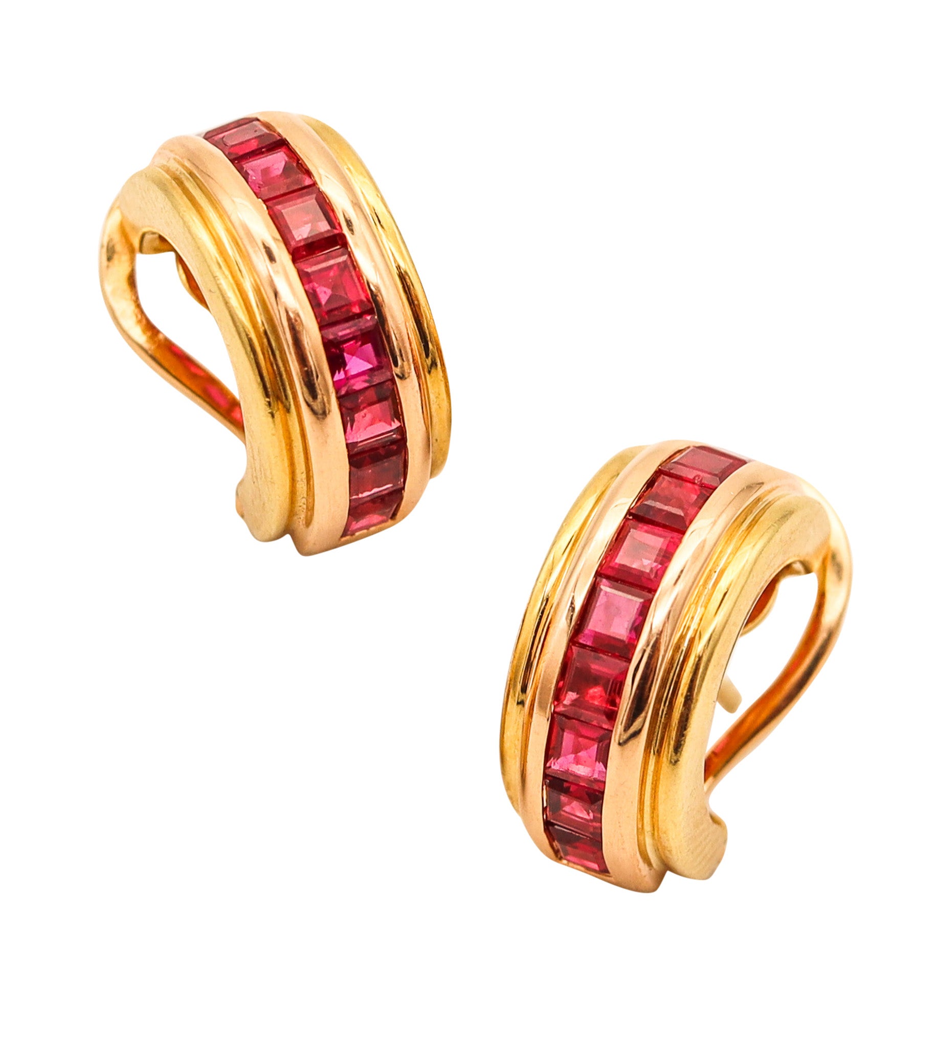 ITALIAN Pair Of Classic Huggie Earrings In 18Kt Yellow Gold With 3.40 Cwt. In Rubies