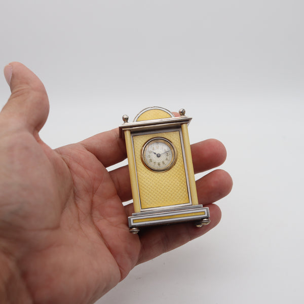 -Austria 1910 Edwardian Guilloché Enamel Miniature Boudoir Clock In .950 Sterling