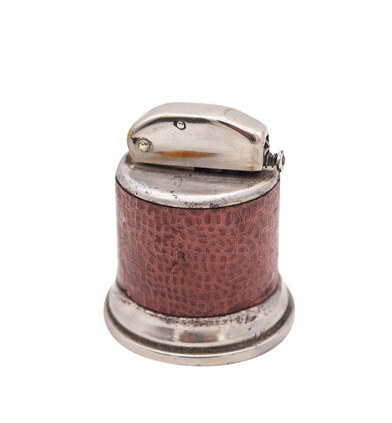 MORTON 1929 Semi Automatic Round Push Desk Petrol Lighter With Faux Leather