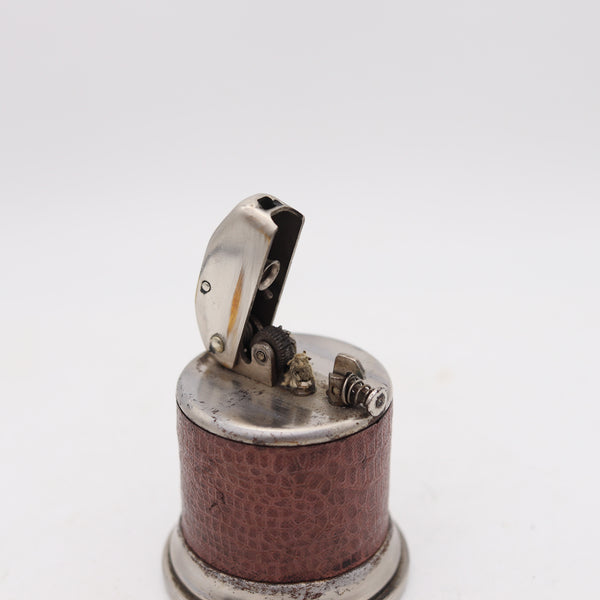 MORTON 1929 Semi Automatic Round Push Desk Petrol Lighter With Faux Leather