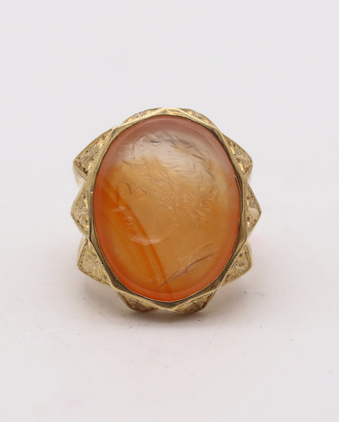 INTAGLIO 1920 Art-Deco Signet Ring In Solid 18Kt Yellow Gold With Carved Agate