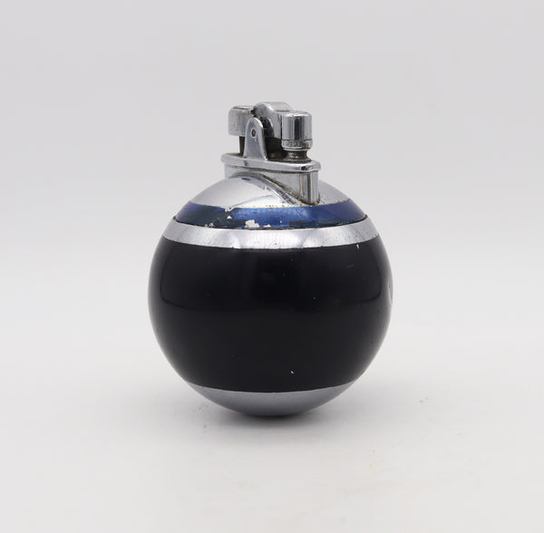 -Ronson Newark 1929 Art Deco Steel RonDeLight Table Lighter In Black And Blue Lacquer