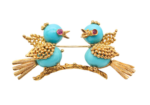 -Italian 1960 Love Birds Brooch In 18Kt Yellow Gold With Turquoises And Rubies