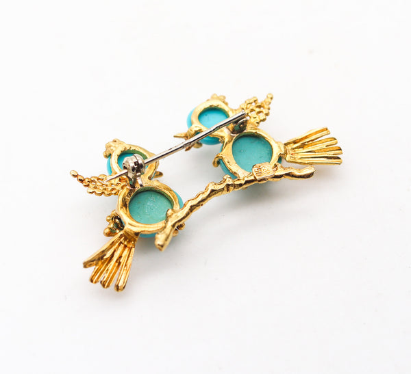 -Italian 1960 Love Birds Brooch In 18Kt Yellow Gold With Turquoises And Rubies