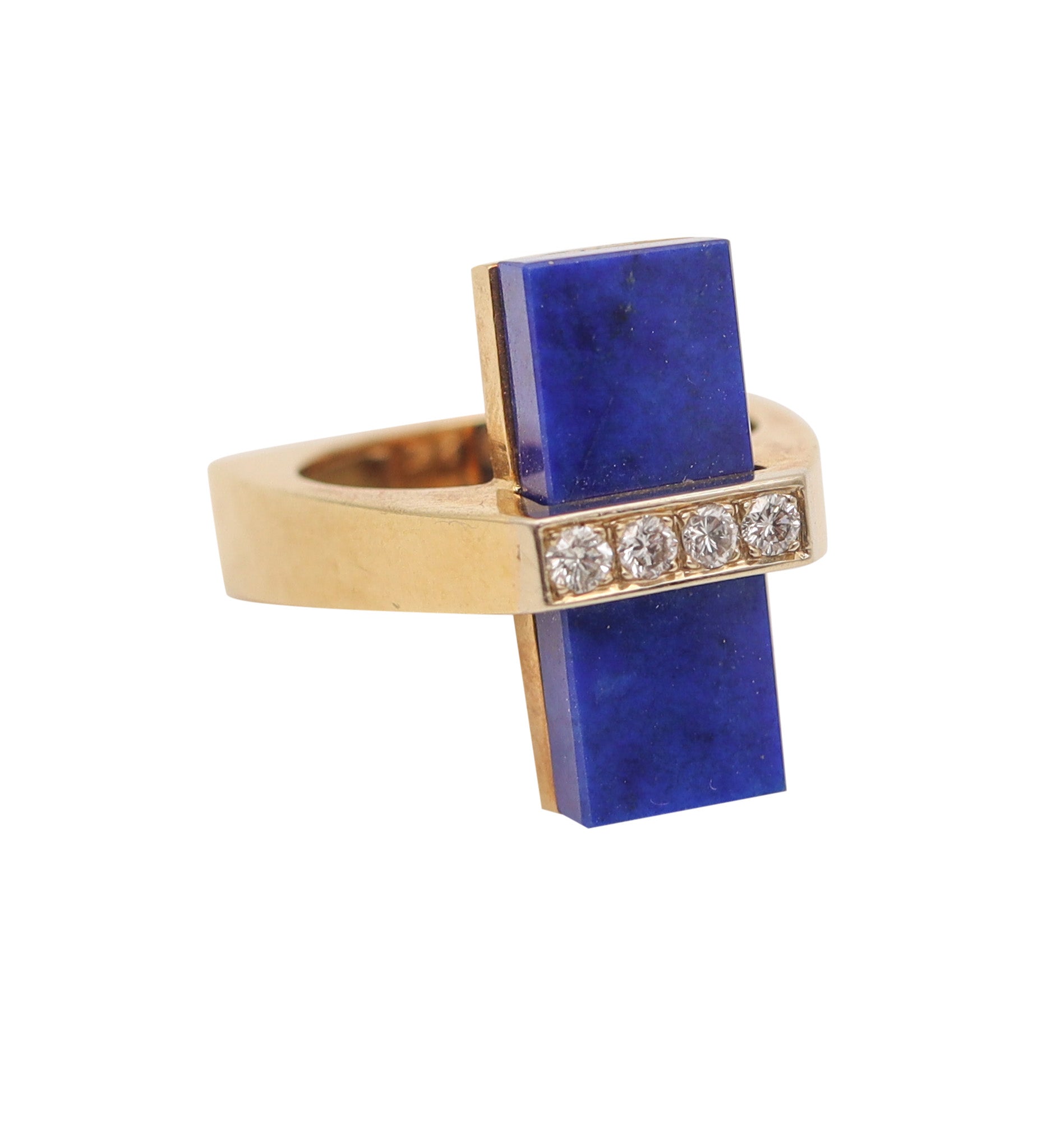 McTEIGUE 1970 French Geometric Ring 18Kt Yellow Gold With Diamonds & Lapis Lazuli