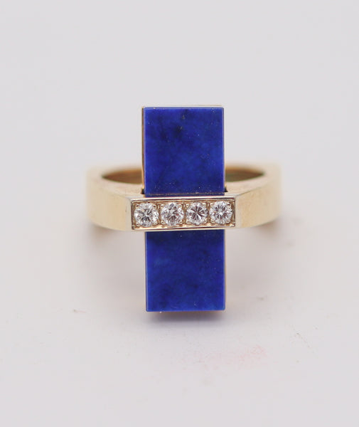 McTEIGUE 1970 French Geometric Ring 18Kt Yellow Gold With Diamonds & Lapis Lazuli