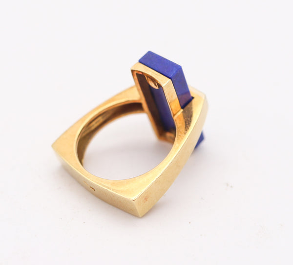 McTEIGUE 1970 French Geometric Ring 18Kt Yellow Gold With Diamonds & Lapis Lazuli