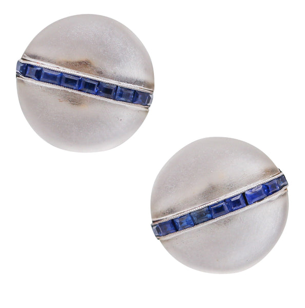 FRENCH 1925 Art Deco Rock Quartz Studs Earrings In 18Kt Gold With Sapphires