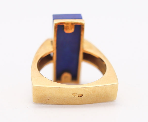 McTEIGUE 1970 French Geometric Ring 18Kt Yellow Gold With Diamonds & Lapis Lazuli