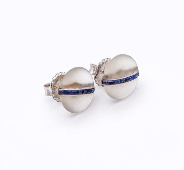 FRENCH 1925 Art Deco Rock Quartz Studs Earrings In 18Kt Gold With Sapphires