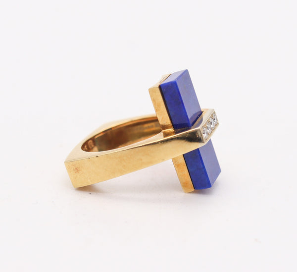 McTEIGUE 1970 French Geometric Ring 18Kt Yellow Gold With Diamonds & Lapis Lazuli