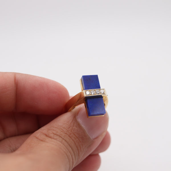 McTEIGUE 1970 French Geometric Ring 18Kt Yellow Gold With Diamonds & Lapis Lazuli