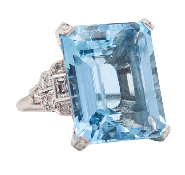 SANTA-MARIA Aquamarine Art Deco Platinum Cocktail Ring With Diamonds 32.38 Ctw