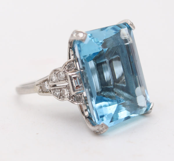 SANTA-MARIA Aquamarine Art Deco Platinum Cocktail Ring With Diamonds 32.38 Ctw