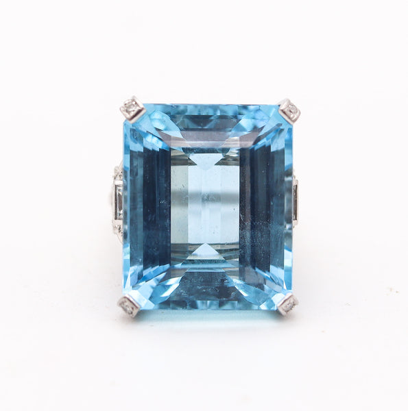 SANTA-MARIA Aquamarine Art Deco Platinum Cocktail Ring With Diamonds 32.38 Ctw