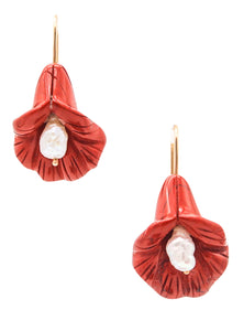 -Carved Jasper And Pearls Orchid Flower Dangle Drop Earrings In 18Kt Yellow Gold