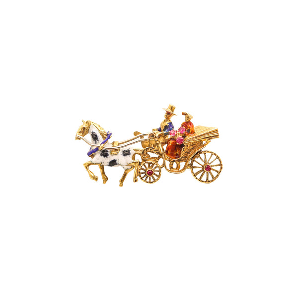 -Italy 1960 Enameled Brooch of A Couple In A Carriage In 18Kt Yellow Gold With Rubies