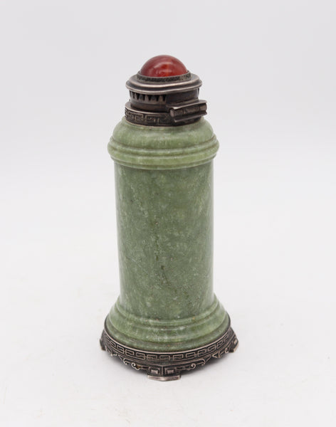 LEBKUECHER & CO. 1915 Edwardian Sterling Desk Lighter With Jade & Carnelian