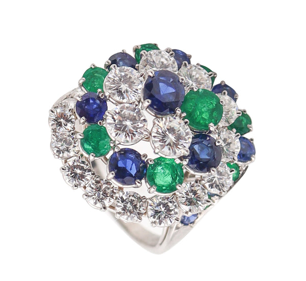 OSCAR HEYMAN Cocktail Ring Platinum With 8.78 Ctw Diamonds Sapphires Emeralds