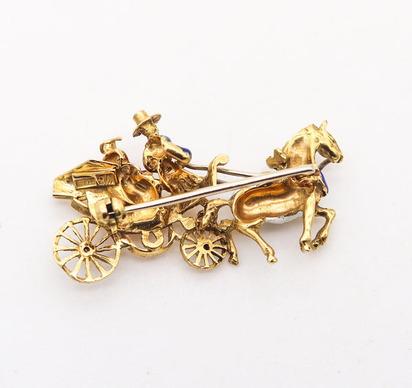 -Italy 1960 Enameled Brooch of A Couple In A Carriage In 18Kt Yellow Gold With Rubies