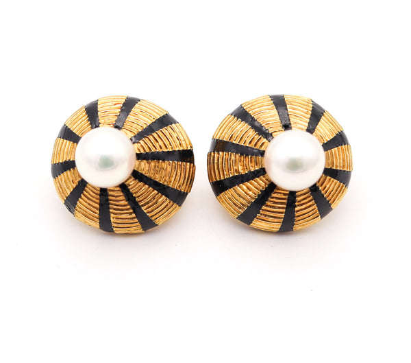 TIFFANY & CO. Schlumberger Enameled Clips Earrings In 18Kt Gold With Pearls