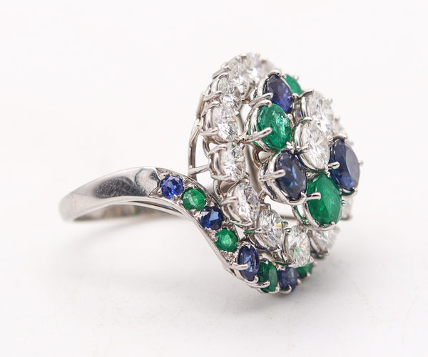 OSCAR HEYMAN Cocktail Ring Platinum With 8.78 Ctw Diamonds Sapphires Emeralds