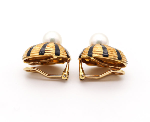 TIFFANY & CO. Schlumberger Enameled Clips Earrings In 18Kt Gold With Pearls