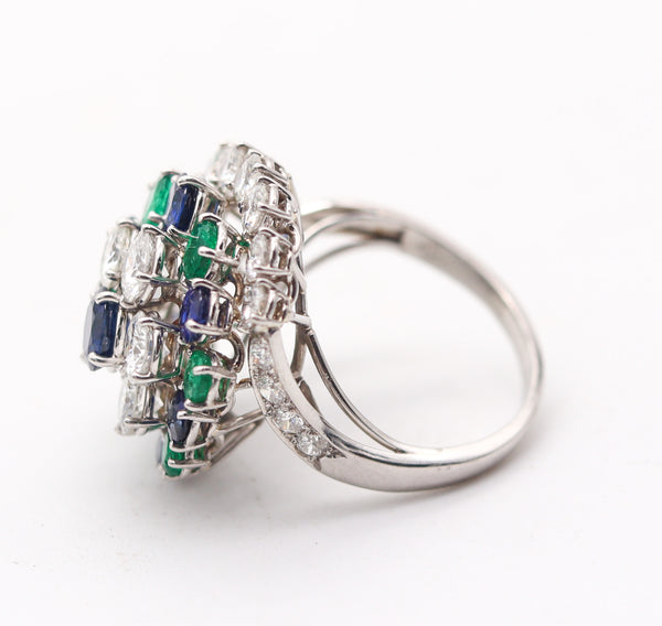 OSCAR HEYMAN Cocktail Ring Platinum With 8.78 Ctw Diamonds Sapphires Emeralds