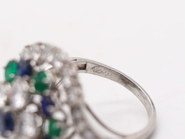 OSCAR HEYMAN Cocktail Ring Platinum With 8.78 Ctw Diamonds Sapphires Emeralds