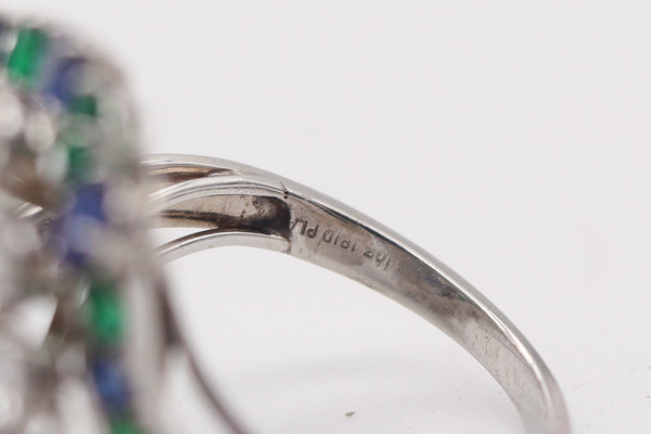 OSCAR HEYMAN Cocktail Ring Platinum With 8.78 Ctw Diamonds Sapphires Emeralds