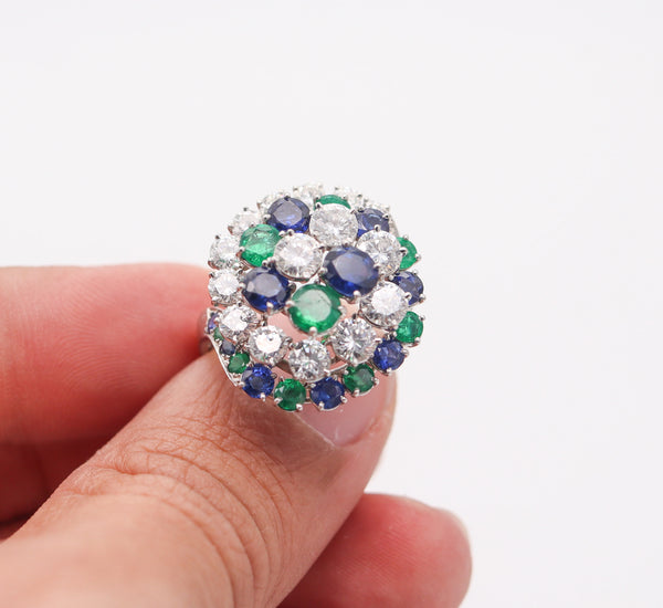 OSCAR HEYMAN Cocktail Ring Platinum With 8.78 Ctw Diamonds Sapphires Emeralds