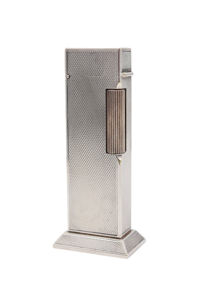 DUNHILL London 1953 Modernist Petrol Rollboy Desk Lighter In Solid Engine Turned Silver