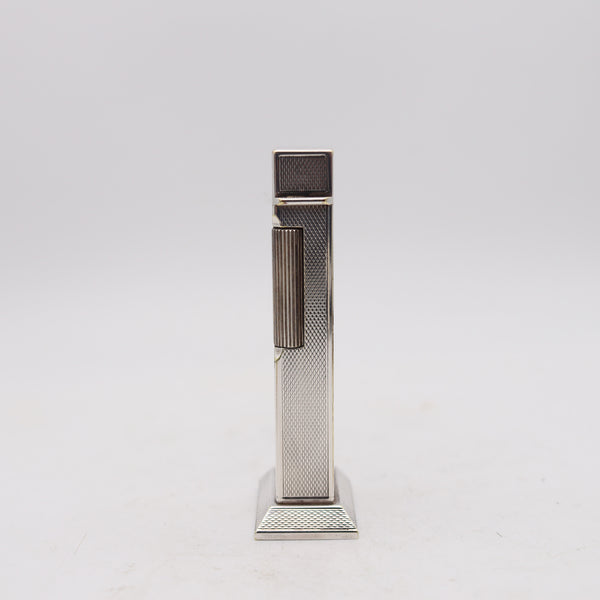 DUNHILL London 1953 Modernist Petrol Rollboy Desk Lighter In Solid Engine Turned Silver