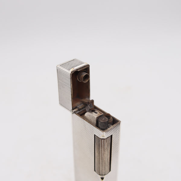 DUNHILL London 1953 Modernist Petrol Rollboy Desk Lighter In Solid Engine Turned Silver