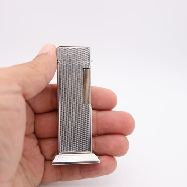 DUNHILL London 1953 Modernist Petrol Rollboy Desk Lighter In Solid Engine Turned Silver
