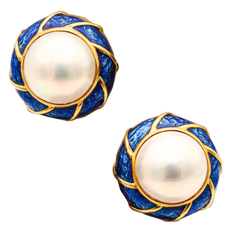 TIFFANY & CO. 1970 Pearls Earrings In 18Kt Yellow Gold With Blue Enamel