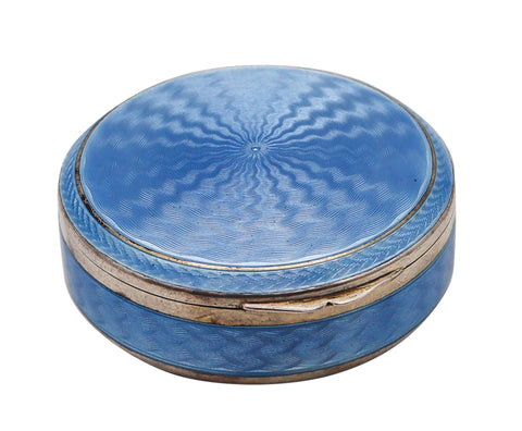 -German Pforzheim 1920 Guilloche Blue Enamel Round Box In .935 Sterling Silver