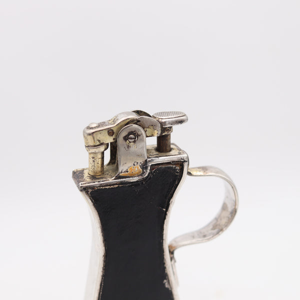 RONSON 1926 Banjo De-Light Art-Deco Desk Petrol Lighter In Silver Plate & Leather