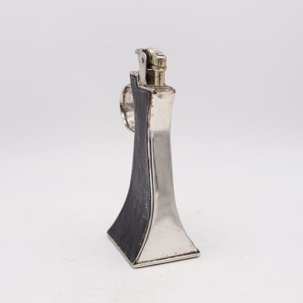RONSON 1926 Banjo De-Light Art-Deco Desk Petrol Lighter In Silver Plate & Leather