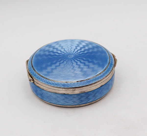 -German Pforzheim 1920 Guilloche Blue Enamel Round Box In .935 Sterling Silver