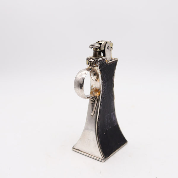 RONSON 1926 Banjo De-Light Art-Deco Desk Petrol Lighter In Silver Plate & Leather