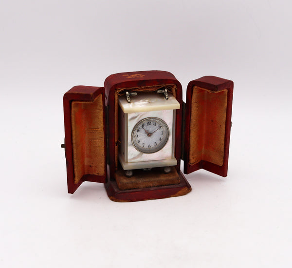 +Swiss 1920 Art Deco Miniature Carriage Clock In Sterling Silver With White Nacre