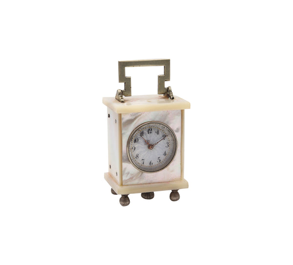 +Swiss 1920 Art Deco Miniature Carriage Clock In Sterling Silver With White Nacre