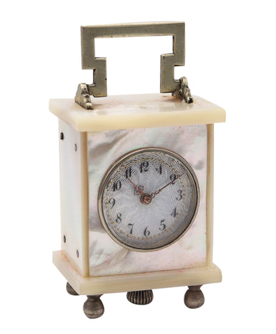 +Swiss 1920 Art Deco Miniature Carriage Clock In Sterling Silver With White Nacre