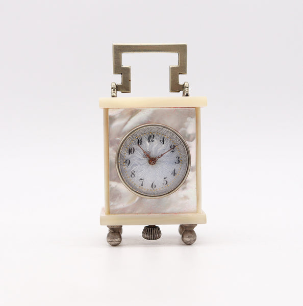 +Swiss 1920 Art Deco Miniature Carriage Clock In Sterling Silver With White Nacre